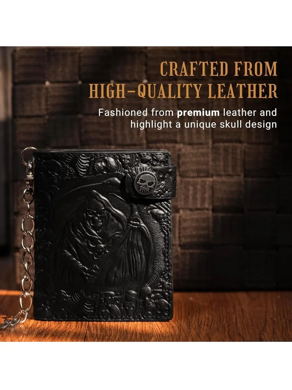 Gothic Grim Reaper Biker Wallet with Chain - Black